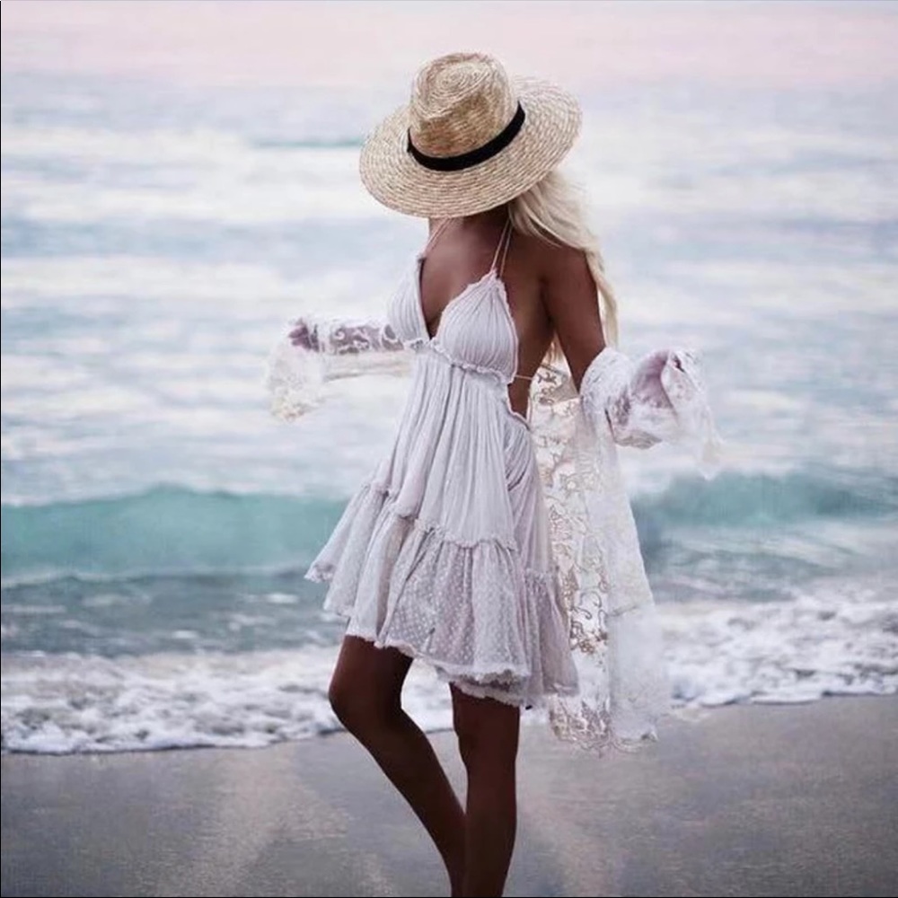 Boho Backless Swiss Dot Mini Dress Cream - Picture 3 of 9